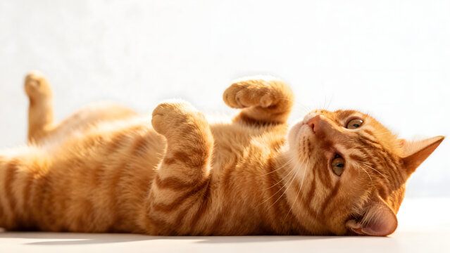 Orange tabby cat lying on back