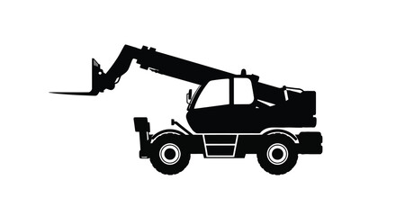 A stark black silhouette depicts a telescopic handler a versatile construction machine poised for lifting tasks high quality professional © Asikder02