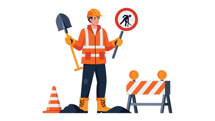 Construction Worker with Equipment: A focused construction worker stands ready on a job site, holding a shovel and a warning sign, while road work ahead elements surround him.