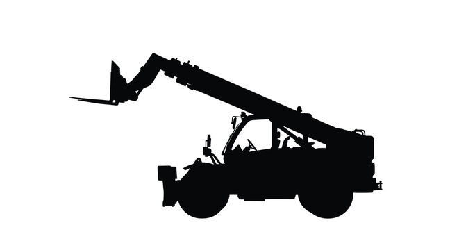 A stark silhouette depicts a large telehandler machine showcasing its extending boom and robust tire structure high quality professional