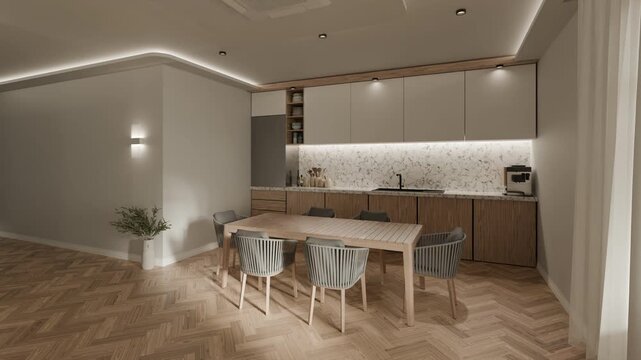 Modern kitchen and dining area with wooden table, rope chairs, marble backsplash, wood cabinets, open shelving, herringbone parquet floor, LED under-cabinet lighting, and sheer curtained French doors