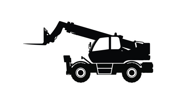 A stark black silhouette depicts a telescopic handler a versatile construction machine poised for lifting tasks high quality professional