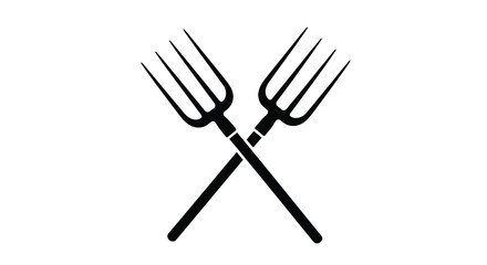 A striking black and white graphic depicts two crossed farm pitchforks symbolizing rural life or agricultural work high quality professional detailed © Asikder02