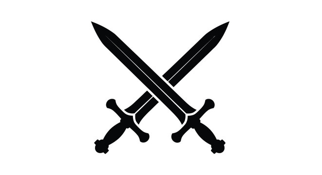 A stark black silhouette depicts two crossed swords their blades and hilts sharply defined against a white background