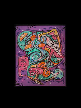 Illustrazione colorata astratta con forme organiche viola rosa e verdi.