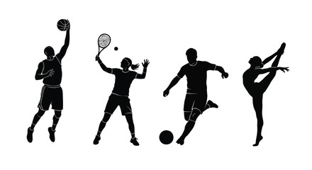 A striking black silhouette composition depicts four athletes engaged in diverse sports basketball tennis soccer and ballet high quality © Asikder02