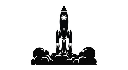 Fototapeta premium A striking black silhouette depicts a rocket launching with flames and smoke billowing beneath it high quality professional detailed