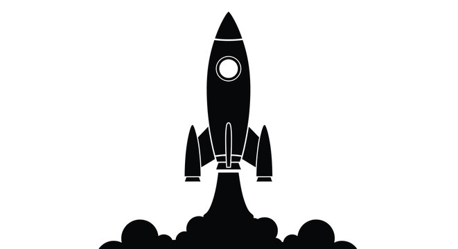 A minimalist black silhouette of a rocket launching upwards with visible exhaust flames against a white background high quality