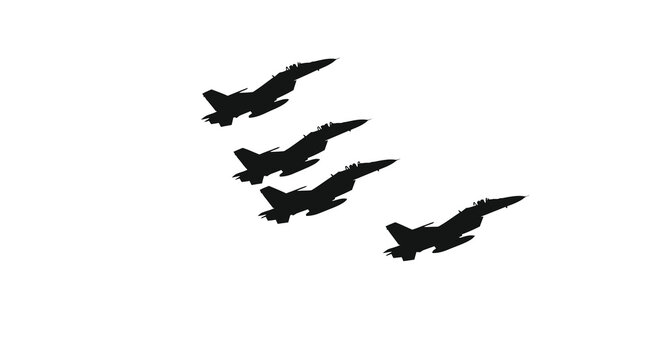 A striking silhouette showcases four fighter jets performing a synchronized aerial demonstration against a bright cloudless sky high quality
