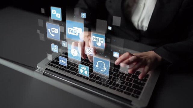 FAQ and online help icons show question, answer, and support system. FAQ improves online help experience, customer service quality, and FAQ knowledge access. Funnel