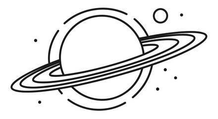 Simple line drawing of saturn with rings and smaller orbiting planet
