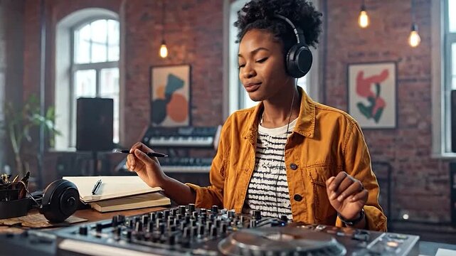 A smiling young woman with headphones mixes music on a DJ controller in