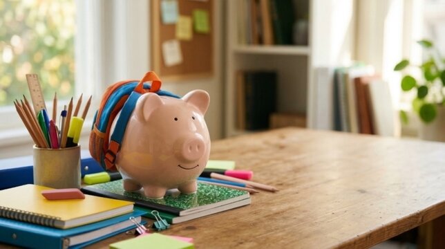 Pink piggy bank with backpack on school desk with stationery. Concept of saving for education college fund university costs student loan and back to school financial planning expenses.