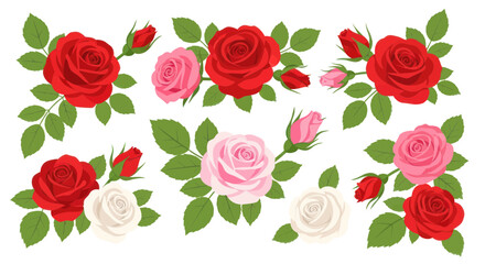 Naklejka premium Elegant Rose Bouquets: Red, Pink, White Flowers with Green Leaves - Vector Art