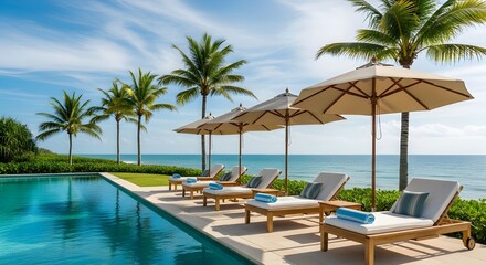 Fototapeta premium Luxury resort infinity pool with lounge chairs and umbrellas overlooking tropical beach at sunset
