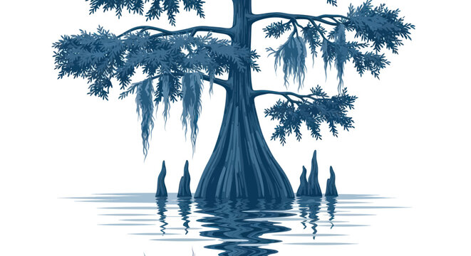 Ancient Cypress Tree with Spanish Moss and Knees in Water Reflection