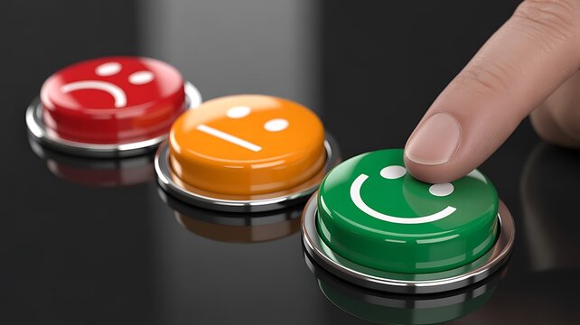 Hand pressing green smiley button with red and orange buttons