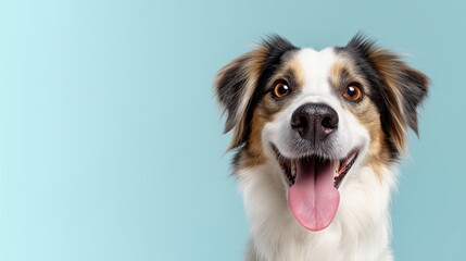 Fototapeta premium Happy Australian Shepherd dog smiling in close-up against light blue background with copy space, tongue out and bright eyes, playful pet portrait ideal for advertising, vet or pet care themes.