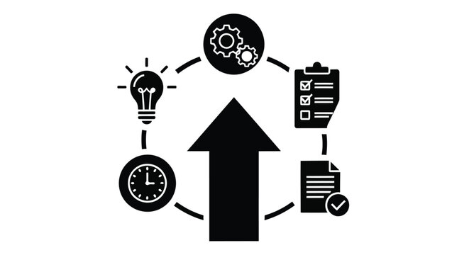 Workflow process with idea time checklist and improvement arrow icons