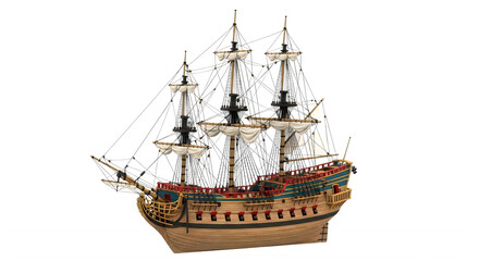 Fototapeta premium Historic sailing ship with multiple masts and intricate rigging details isolated on transparent background