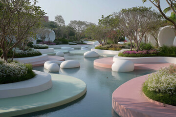 Fototapeta premium modern landscape design, flowing water channels, rounded seating zones, pastel and vivid greenery