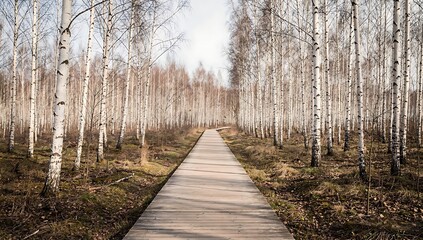 Fototapeta premium A wooden pathway extends through a dense birch forest with pale tree trunks and foliage
