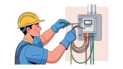 Electrician at Work: A skilled electrician diligently works on electrical wiring, ensuring safety and precision in their task.