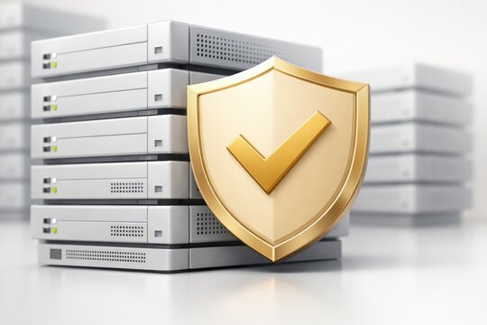 Data Protection: Digital servers are guarded by a golden shield, symbolizing the secure safeguarding of data, information, and sensitive content in the digital age.