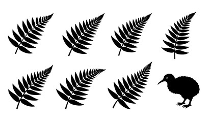 New Zealand Silver Fern and Kiwi Bird Silhouette Icon Set Vector Symbols © Liton