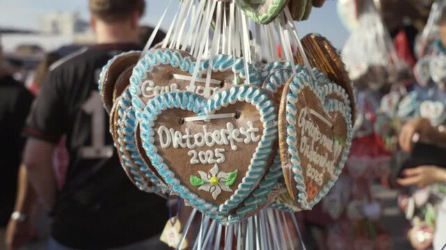 Colorful Lebkuchenherz gingerbread hearts with icing at Oktoberfest 2025 in Munich. A sweet Bavarian symbol of the Wiesn on Theresienwiese, combining tradition, culture and festive spirit. 