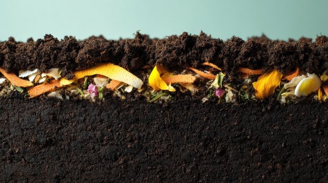 Kitchen compost layer with coffee, eggshells, and vegetable peel on dry soil