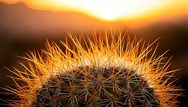 Golden hour sunset illuminates the sharp spines of a barrel cactus in a warm, arid desert landscape, highlighting its resilient beauty and adaptation to harsh environments