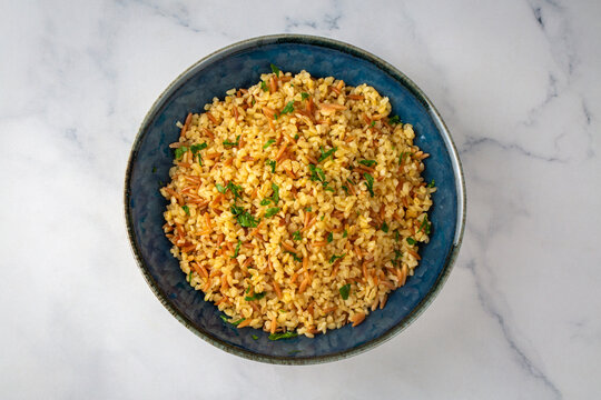 Traditional delicious Turkish food, bulgur pilaf with vermicelli (Turkish name; arpa sehriyeli bulgur pilavi)