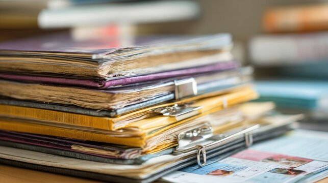Stack of medical journals and research papers on a desk with organized scientific literature and healthcare publications for professional study and medical research
