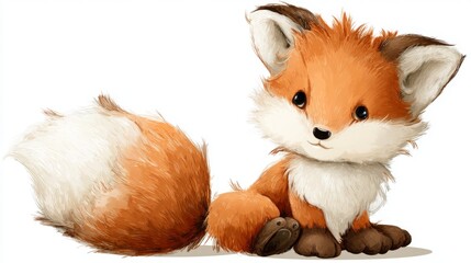 Obraz premium Adorable Cartoon Baby Fox Sitting with Fluffy Tail, Perfect for Children's Illustrations and Whimsical Art Projects