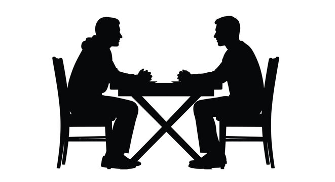 A stark silhouette depicts two individuals seated across a table seemingly engaged in a serious conversation or negotiation