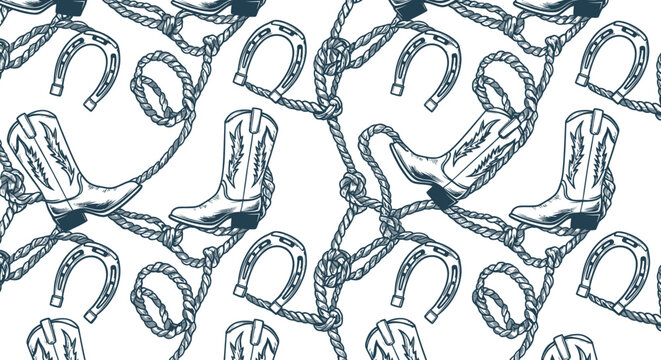 Cowboy Boots and Horseshoe Pattern with Rope - Western Country Style Background