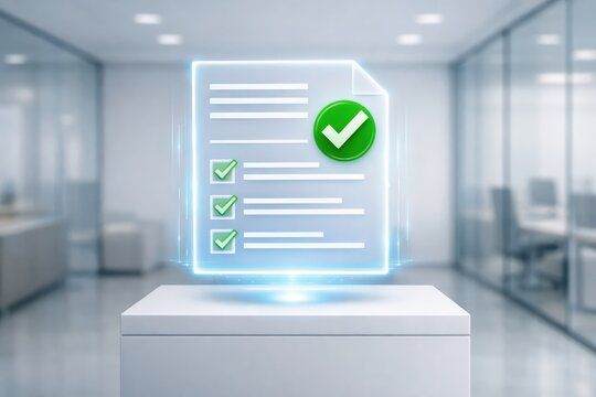 Digital Agreement: A modern take on document verification, showcasing a glowing digital document with check marks, symbolizing confirmation and accuracy.