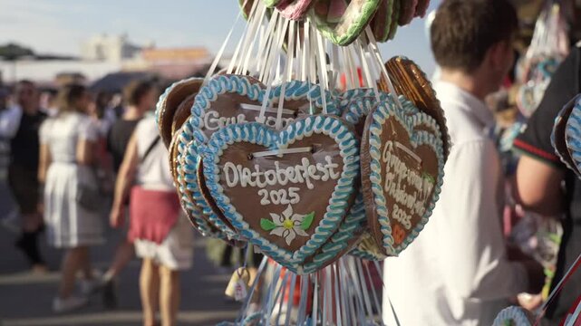 Bunte Lebkuchenherzen mit Zuckerguss auf dem Oktoberfest 2025 in Muenchen. Suesses Symbol der Wiesn auf der Theresienwiese, traditionell, festlich und typisch bayerisch