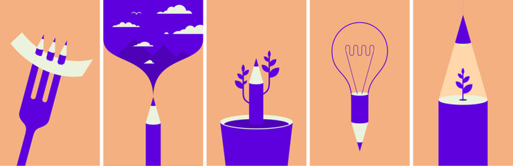 Creative illustration depicting pencils in various imaginative scenarios, symbolizing creativity and innovation. The artwork uses a minimalist style with a purple and peach color palette.