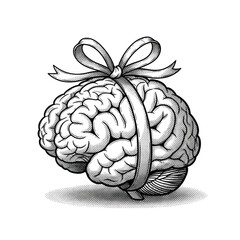 Fototapeta premium A hand-drawn brain wrapped as a gift with a bow on top