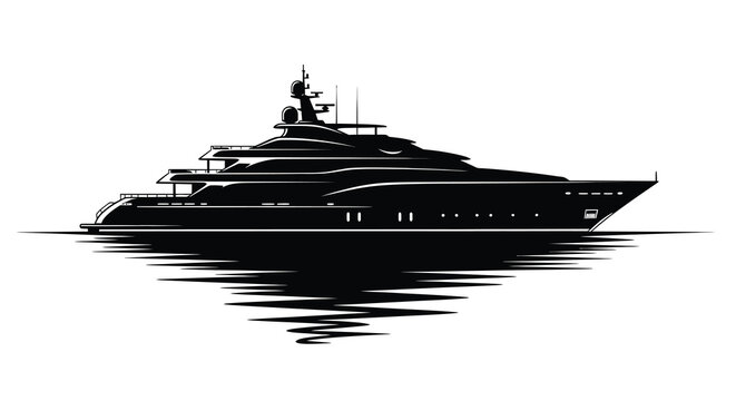 A sleek black and white illustration depicts a luxurious modern yacht floating on calm water reflecting light high quality