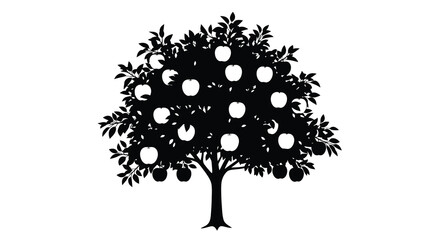 A striking black silhouette depicts a fully grown apple tree laden with ripe fruit showcasing a simple yet elegant design © Nupur02