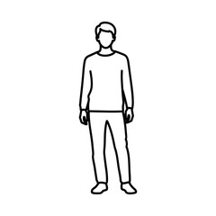 Simple line drawing of a man standing with short hair and casual clothing on a white background