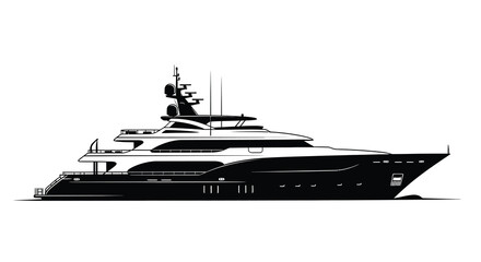 A striking black and white illustration depicts a luxurious modern superyacht floating on calm waters high quality professional detailed © Nupur02