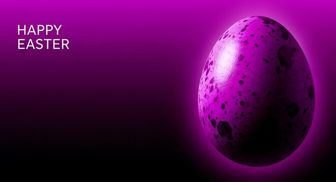 A purple easter egg with black spots on a pink background