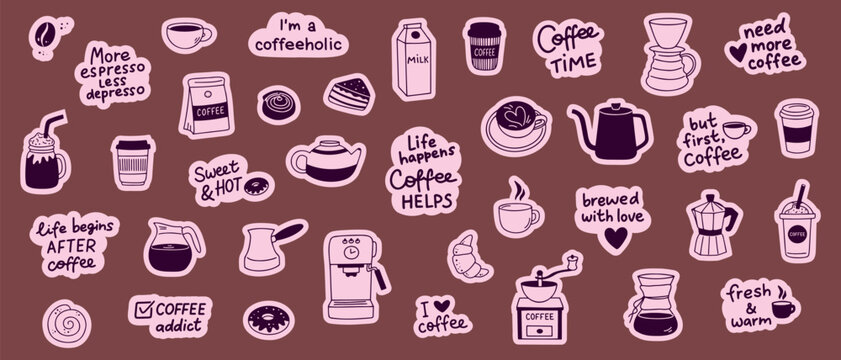 Coffee doodle stickers hand drawn icon set. Cute coffee design elements and lettering quotes for menu design. Line art clipart symbols.