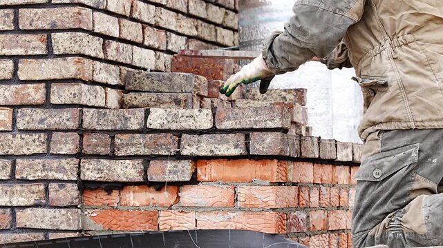 Worker Laying Bricks, Masonry Construction Process, Bricklayer at Work