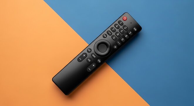Black TV Remote Control on Orange Blue Background.