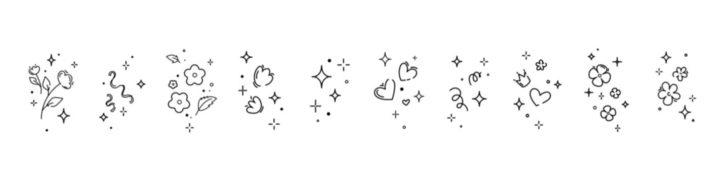 Minimal hand drawn doodle icon set with stars hearts flowers leaves sparkles and abstract symbols in line style vector elements for stickers stationery social media scrapbooking packaging and design